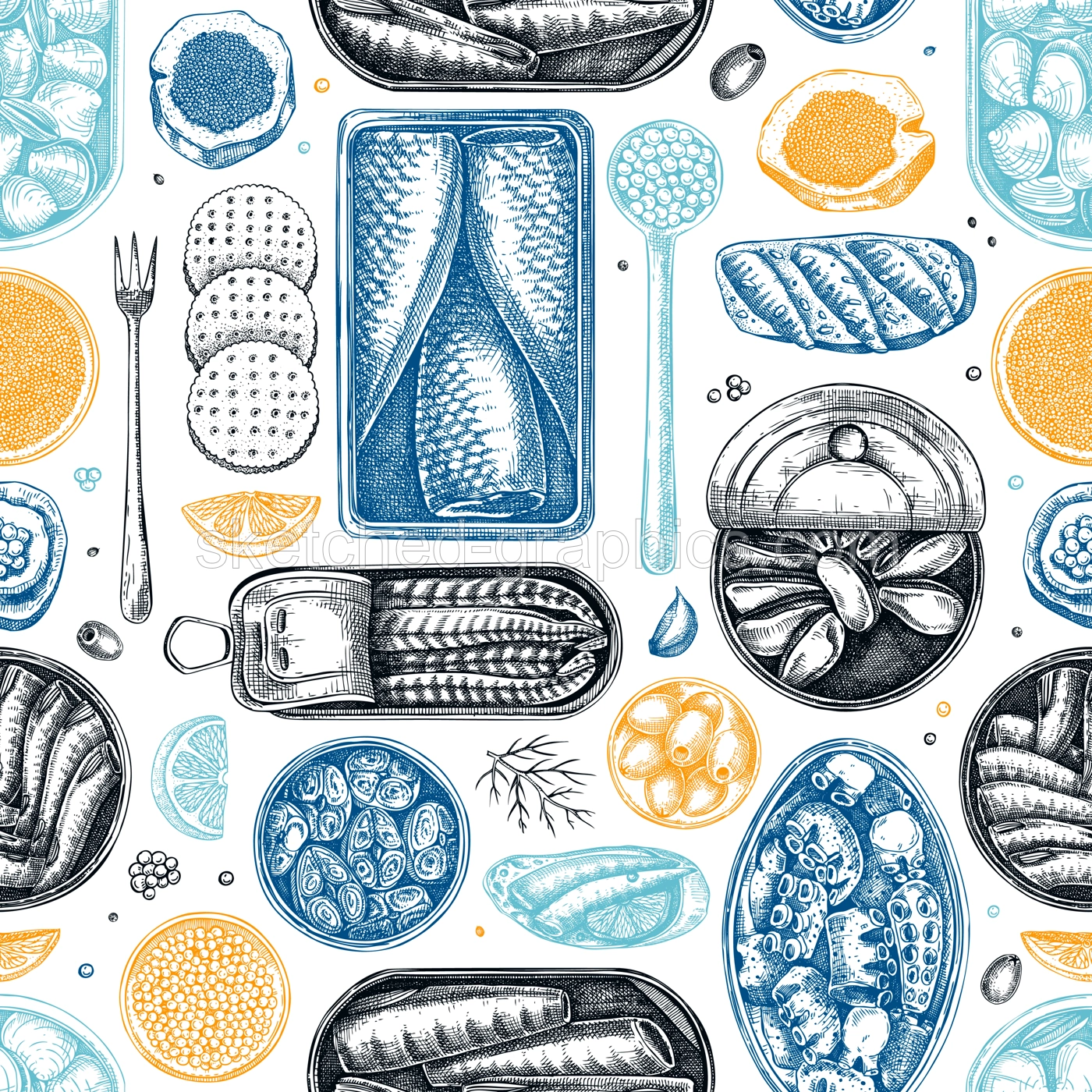 Hand-drawn tinned fish seamless pattern. Seafood background in color. Sardines, anchovy, mackerel, tuna, mussels in tin cans, fish canapes, olives, crackers sketches. For packaging, print, textile Illustration